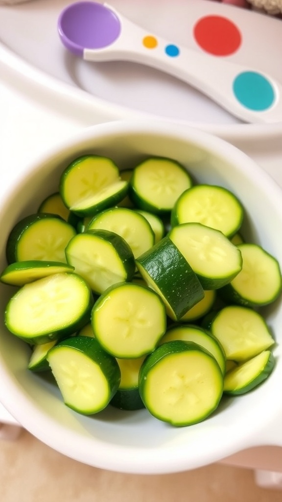 Steamed zucchini slices in a bowl, suitable for baby food, with a baby spoon in the background.